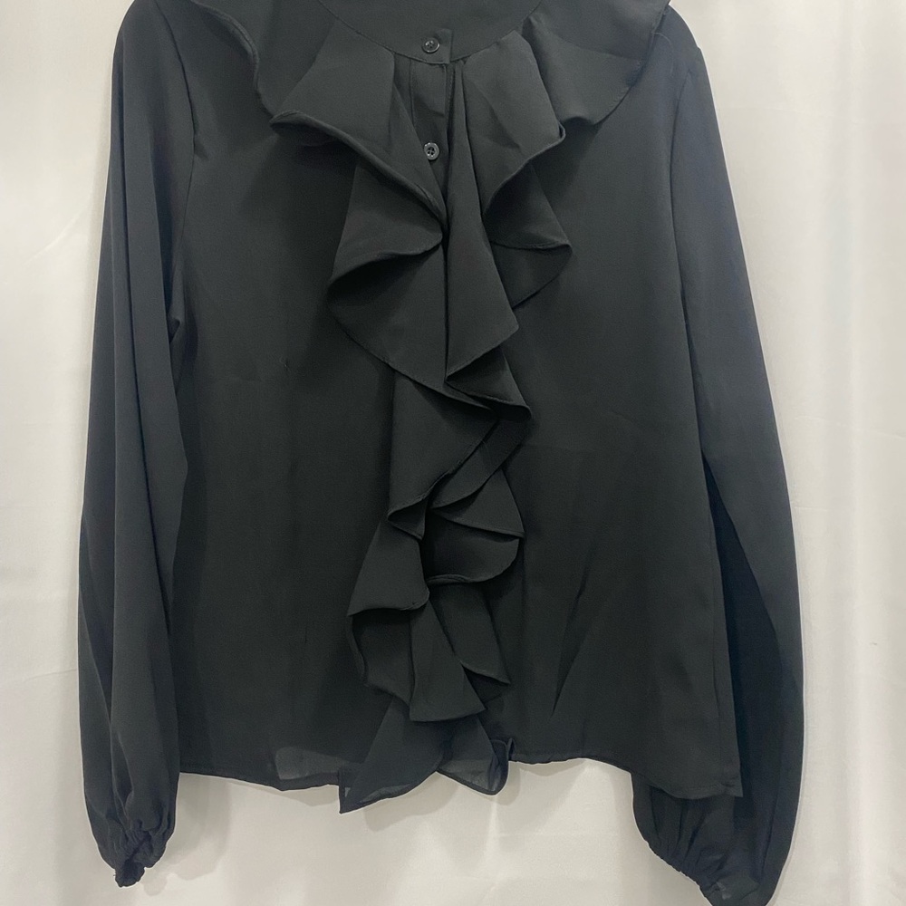 Black Ruffled Long Sleeve Bib Collar Blouse